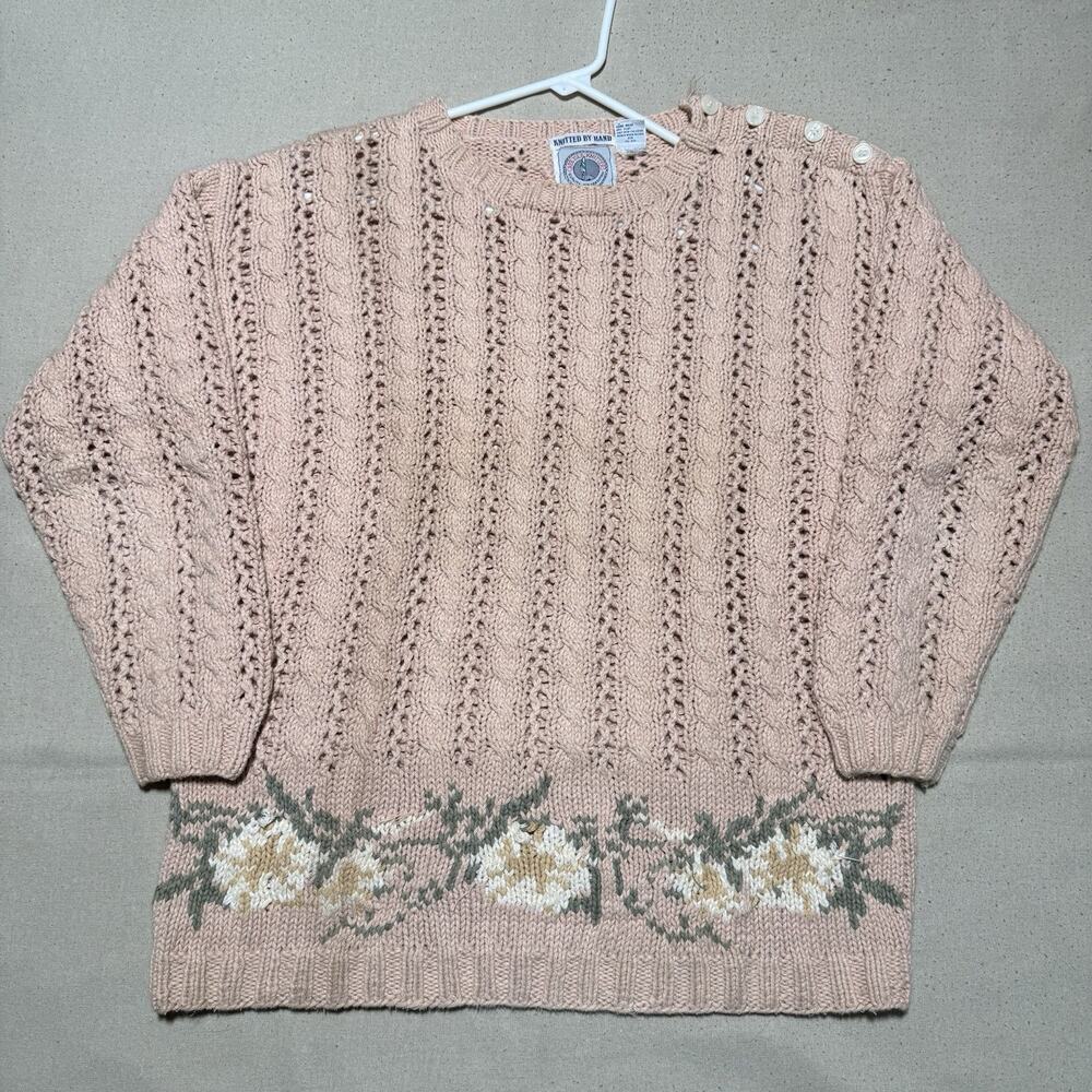 Vintage Cape Isle Knitters Sweater Womens S Pink Floral Boarder Crochet Cottage